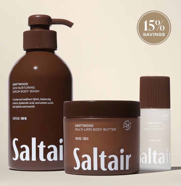 Saltair clinical active ingredients including niacinamide, glycolic acid, and vitamin C for body care